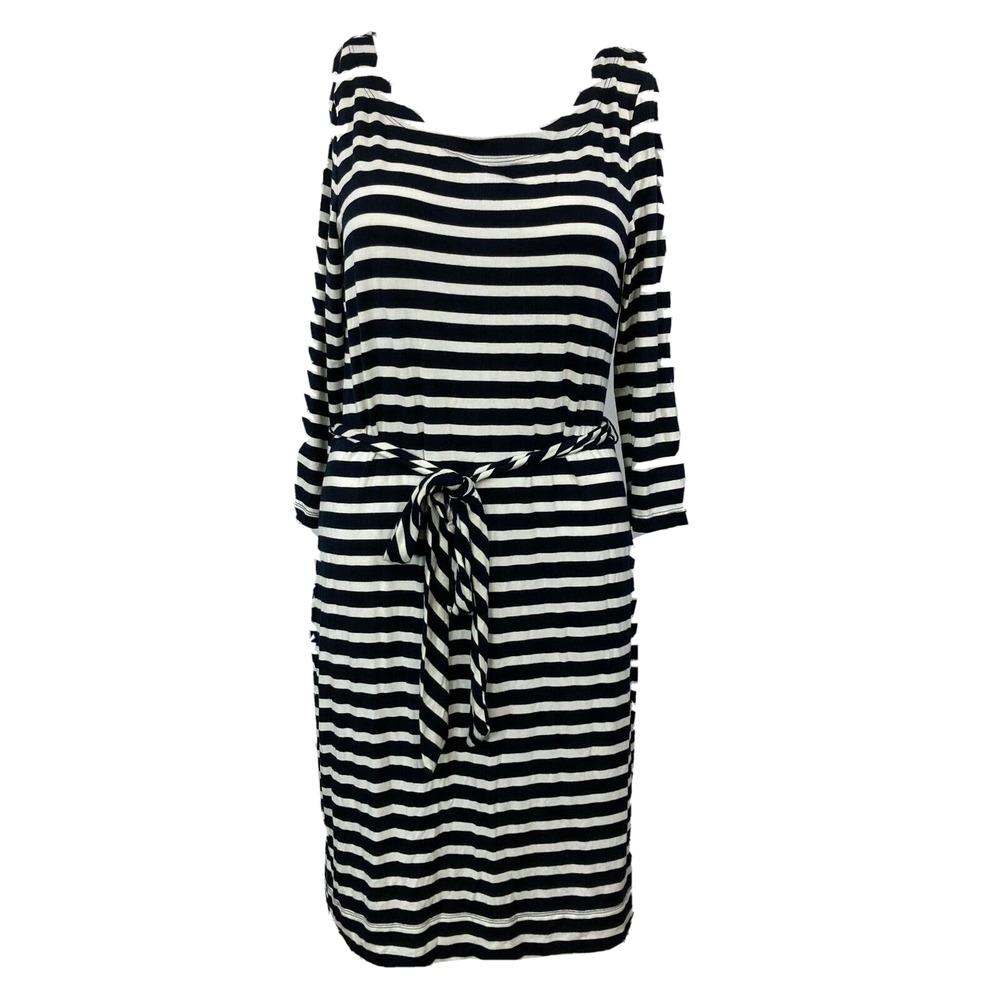 Banana Republic Dress Womens Sz PS Petite Black White Stripe Jersey Knit Belt